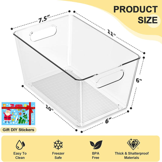 6 Pack Clear Plastic Storage Bins, Pantry Organization and Storage Bins for Kitchen-Fridge Organizer, Pantry Storage Containers, Cabinet Organizers