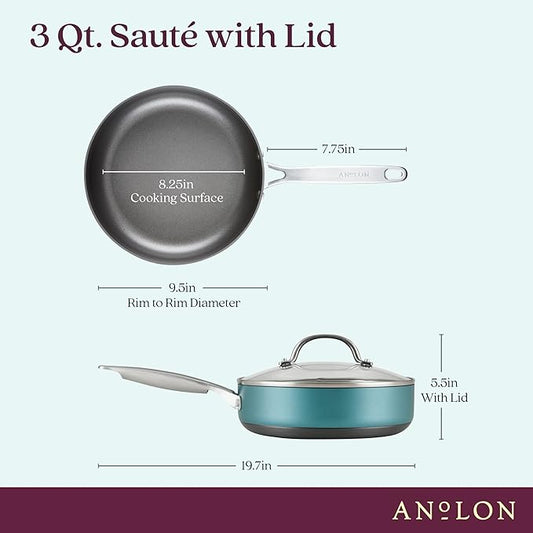 Anolon Achieve Hard Anodized Nonstick Sauté Pan with Lid, 3 Quart - Teal