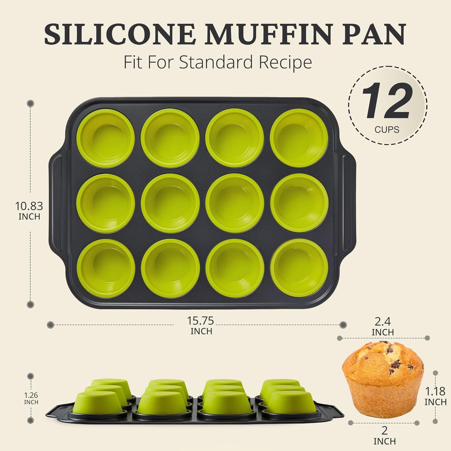 BRONYPRO Silicone Muffin Pans for Baking with Metal Frame, Egg Bite Maker Silicone Molds, Cupcake Pans 12 Regular Size, Muffin Tins Easy to Pop Nonstick Non Toxic Bakeware for Oven, Lime Green