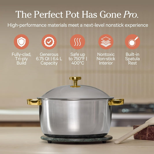 Our Place Titanium Perfect Pot Pro - 6.75 Qt No-Coating Nonstick Stock Pot | Tri-Ply Titanium & Stainless Steel | Oven-Safe up to 750°F & Compatible with All Cooktops | Includes Spoon | Gold