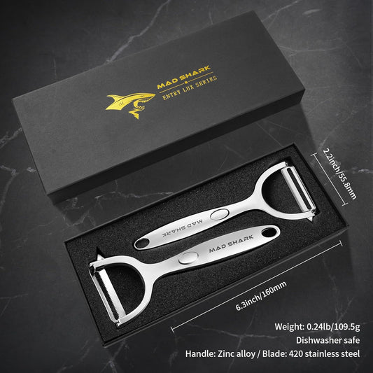 MAD SHARK Ultra Sharp Vegetable Peelers for Kitchen Fruit Apple Potato Peelers,Design with Ergonomic Non-Slip Handle, Y-Shaped Stainless Steel Serrated(Flat&Serrated Blade 2pc)