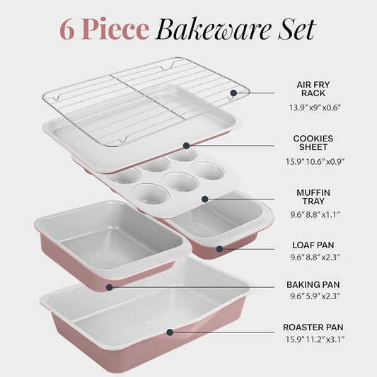 Gotham Steel 6 Pc Stackable Baking Pans Set, 70% Space Saving Design, Ceramic Bakeware Sets Non Toxic Made Without PFOA PFOS, with Baking Sheet Tray, Cake & Muffin Pans, Oven & Dishwasher Safe