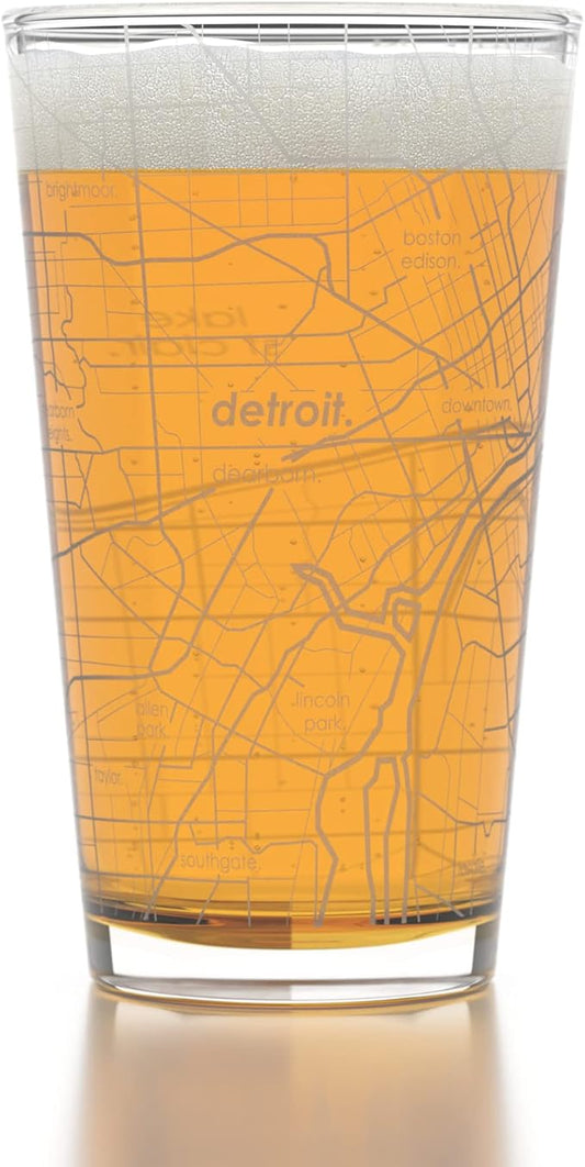 Well Told Engraved Detroit Michigan Map Pint Glass, Etched Beer Gift (16 oz, Clear) City Map Pint, Custom City Glassware, Gifts For Beer Lovers