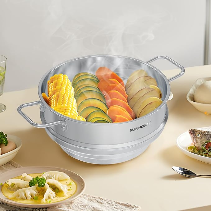 SUNHOUSE 5 Quart Stainless Steel Steamer Insert – Multi-Purpose Soup & Food Steamer with Stay-Cool Handles & Heavy-Duty Glass Lid – Fits Various Pot Sizes (8", 8.5", 9.5")