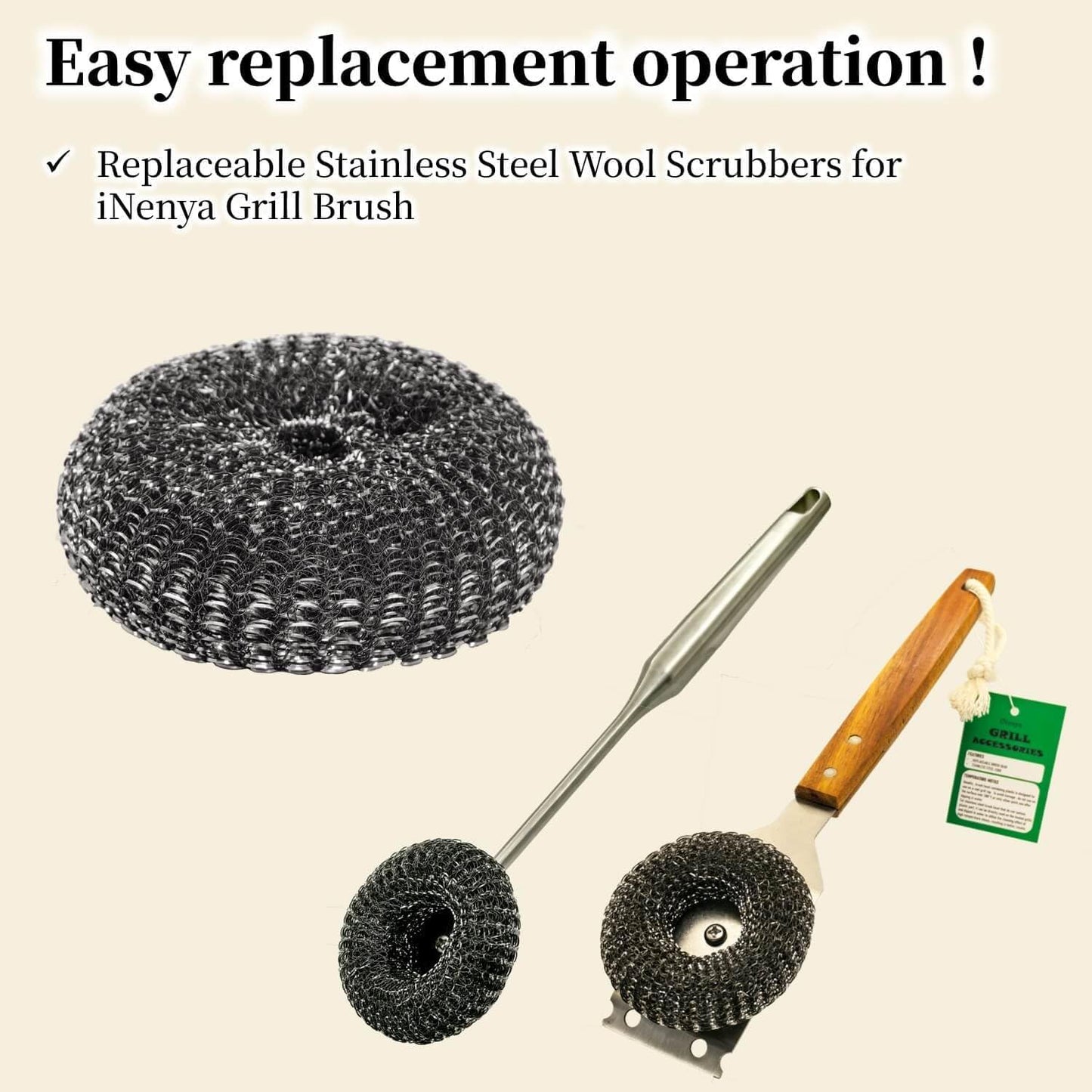 Heavy-Duty Stainless Steel Wool Barbecue Grill Cleaning Scrubber Pads, Replacement Steel Wool Brush Head for Grill Brush, 4 Pack