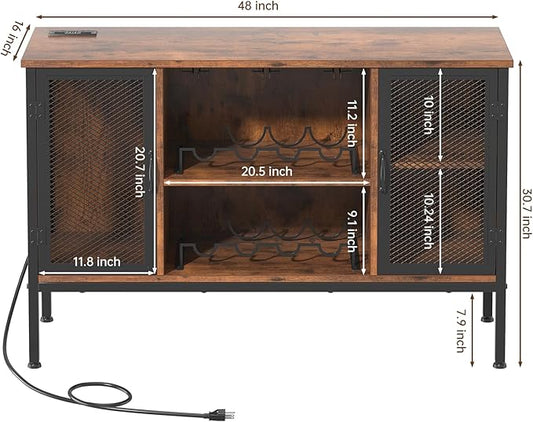 Upgraded Wine Bar Cabinet with Back Panel, Liquor Cabinet with LED Lights & Power Outlets, Adjustable Shelves, Glass Holders & Storage, Coffee Station for Kitchen/Home, Rustic Brown