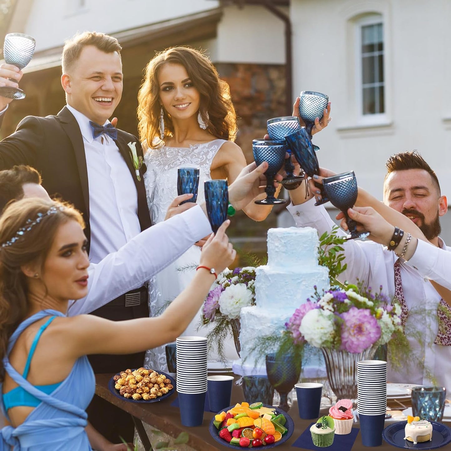 Tioncy 200 Pcs Disposable Paper Plates Cups and Napkins Party Supplies Serve 50 Guests Disposable Paper Dinnerware Set for Halloween Birthday Wedding Baby Shower Family Picnic(Navy Blue)