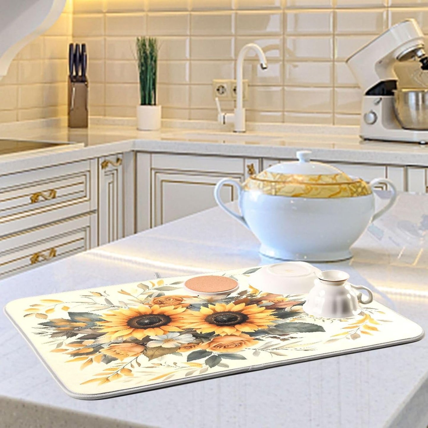 Sunflower Leaf Flower Dish Drying Mat for Kitchen Counter Absorbent Dish Drainer Mats Drying Pads 16"x18"