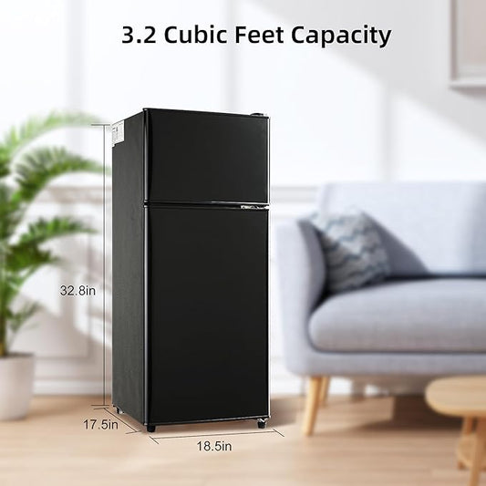 3.2 Cu. Ft. Mini Fridge with Freezer, Compact Refrigerator with Adjustable 7-Level Thermostat, Dorm Fridge for Kichen, RV, Office, Apartment, Black