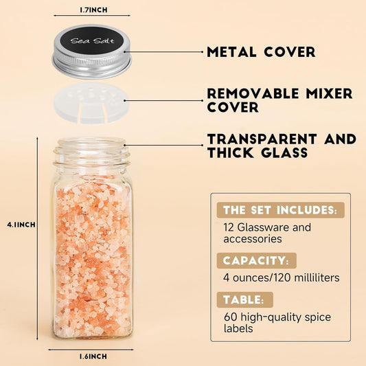 12Pcs Spice Jars with Label, 4oz Empty Square Seasoning Containers, Spice Jars with Shaker Lids, Small Spice Bottles for Salt, Herbs, Sugar, Pepper, Seasoning Jars for Spice Rack, Cabinet, or Drawer