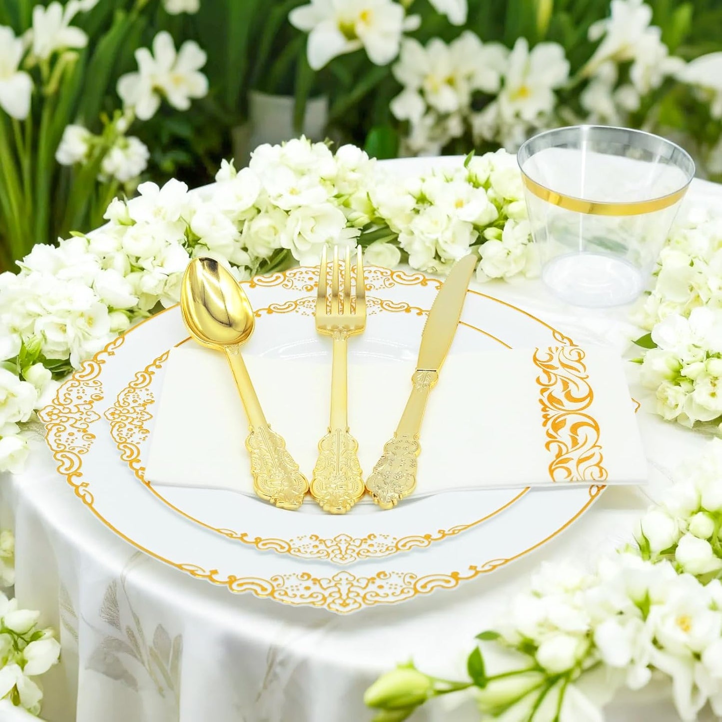 AIRE 350PCS Gold Plastic Plates for Party Supplies Dinnerware Sets for 50 Guests, Vintage Disposable Plastic Party Plates Cups Spoons Forks Knives Napkins for Wedding Birthday Christmas BBQ Parties