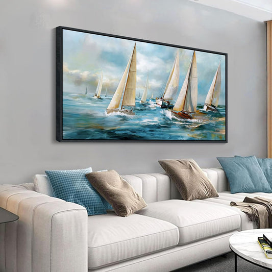YDYSUNE Sailboat Wall Art - Blue Canvas Retro Painting Textured Picture Artwork Vintage Nautical Large Painting Coastal Modern Print Frame for Living Room Bedroom Home Decoration 24x48inch