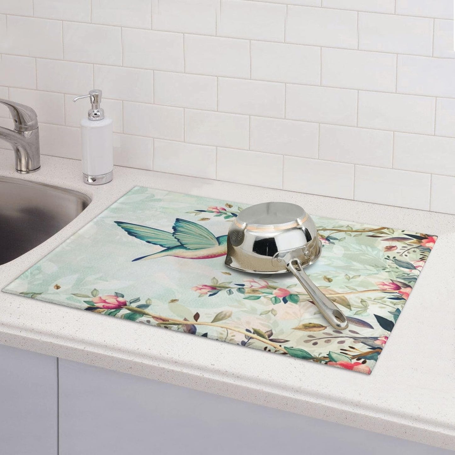 Hummingbird Flowers Dish Drying Mat 18x24 Inch, Microfiber Absorbent Fast Dry Mat Large Dish Mat Drying Kitchen Mat, Kitchen Drying Pad for Kitchen Counter Coffee Bar Decor Gifts