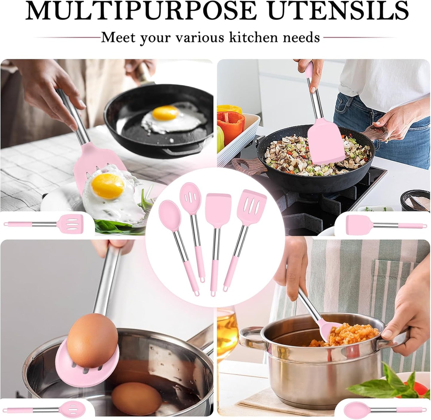 TeamFar Kitchen Utensils, 4 PCS Silicone Cooking Utensils Spatula Spoon Set with Stainless Steel Handle, for Frying Mixing Draining Turning, Healthy & Heat-proof, Non-stick & Dishwasher Safe - Pink