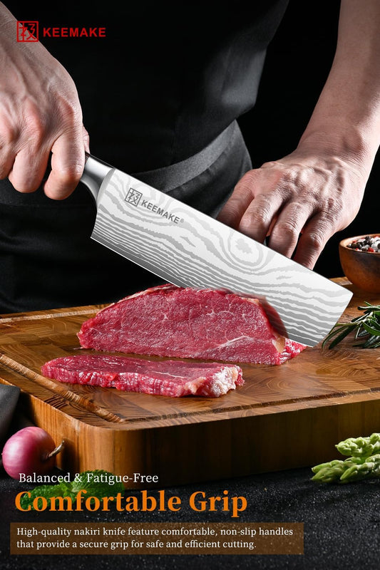 KEEMAKE Nakiri Knife Meat Cleaver: 7 Inch Razor Sharp Chef Kitchen Knife for Cutting Vegetable Cooking Knives - Multipurpose High Carbon Stainless Steel with Pakkawood Handle, Gift box and Sheath