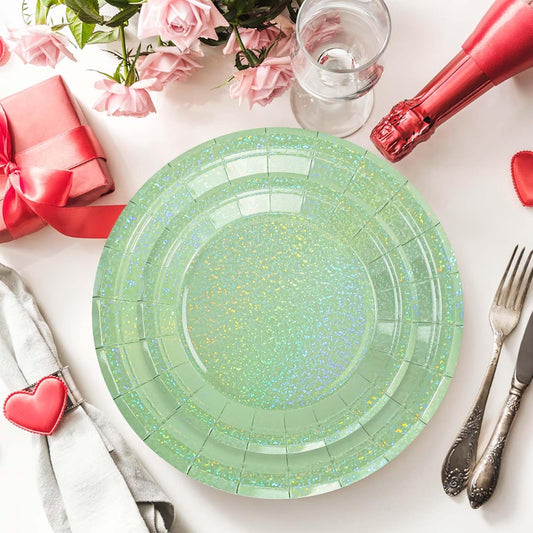 50 Pcs Iridescent Sage Green Paper Plates 25 × 7'' and 25 × 9'' Disposable Green Shiny Holographic Foil Dinner Plates for Wedding Baby Shower Birthday Party Glitter Dessert Plate