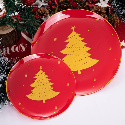 WDF 150pcs Christmas Plates - Christmas Red Plastic Plates with Christmas Tree, Gold Plastic Silverware, Clear Gold Cups, Christmas Design Perfect for Christmas Parties