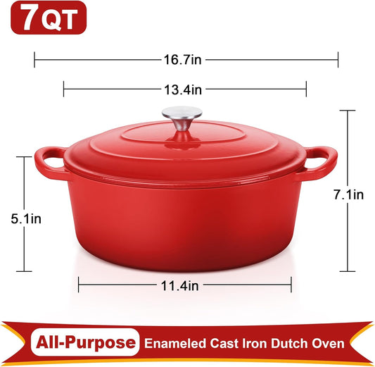 E-far 7QT Oval Dutch Oven Pot with Lid, Enameled Cast Iron Dutch Oven with Dual Handles for Sourdough Bread Baking Cooking, Nonstick Enamel Coated Cookware(Red), Non-Toxic & Easy Clean