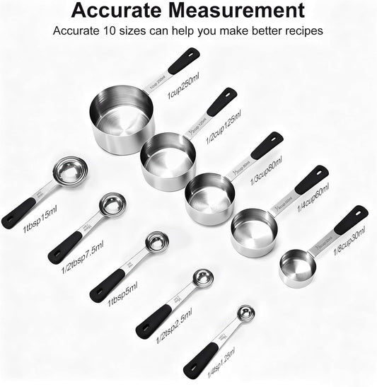 Measuring Cups and Spoons Set, Stainless Steel 10 Piece for Cooking and Baking (5 Cups + 5 Spoons, Black Handle)