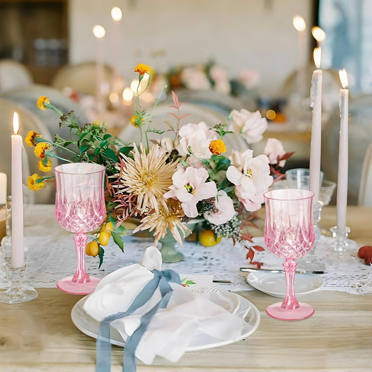 7OZ Plastic Wine Glasses, 100Pcs Pink Reusable Drinking Cups Vintage Champagne Flutes, Plastic Crystal Water Goblets for Parties Stemmed Shatterproof Drinking Glasses for Wedding, Toasting Party