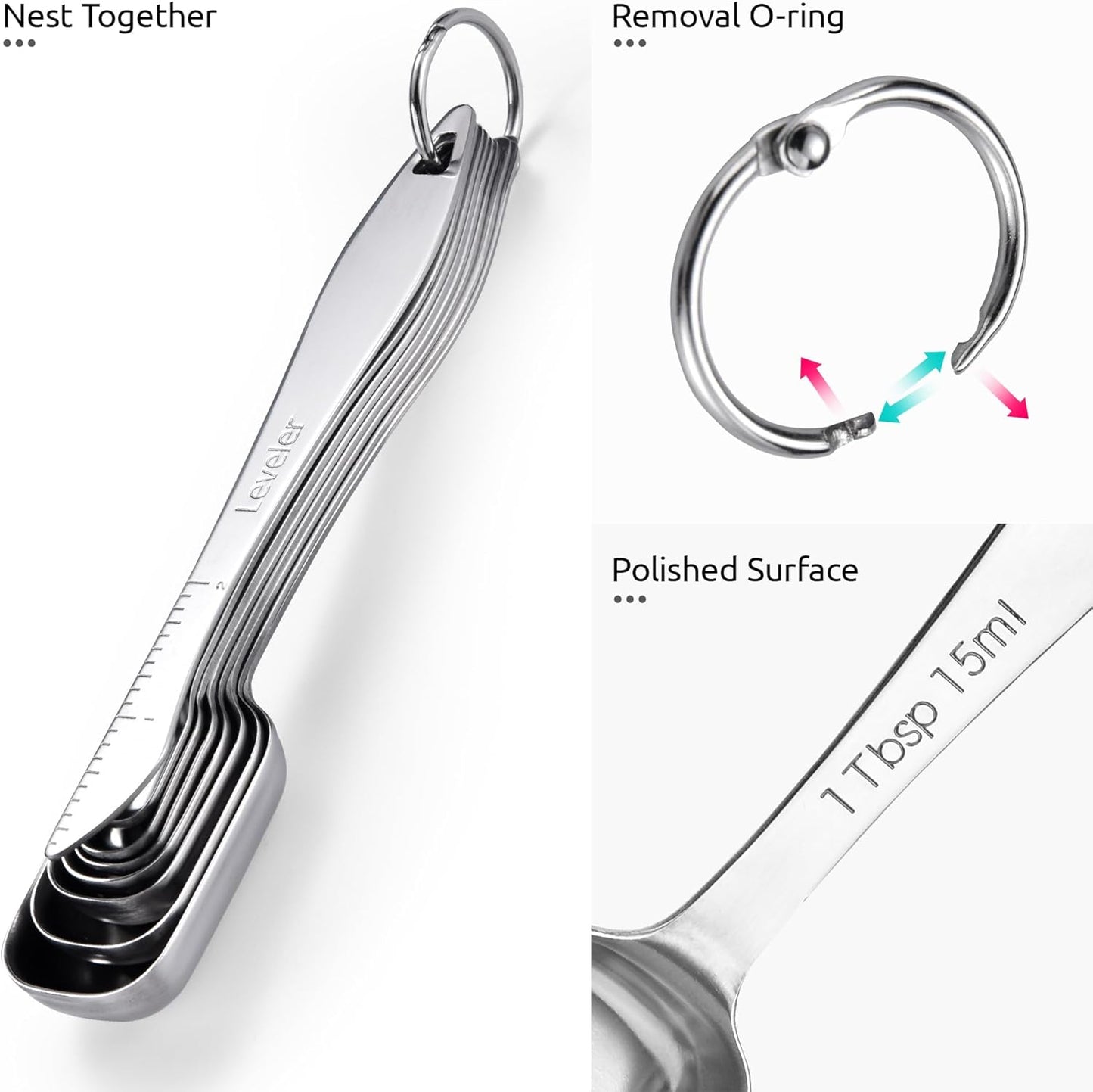 U-Taste Narrow Square Measuring Spoons: 18/8 Stainless Steel Kitchen Measure Teaspoon Tablespoon with Leveler, Polygon Rectangular Metal Jar Scoop for Baking Cooking, Coffee, Spice, Powder (Set of 8)