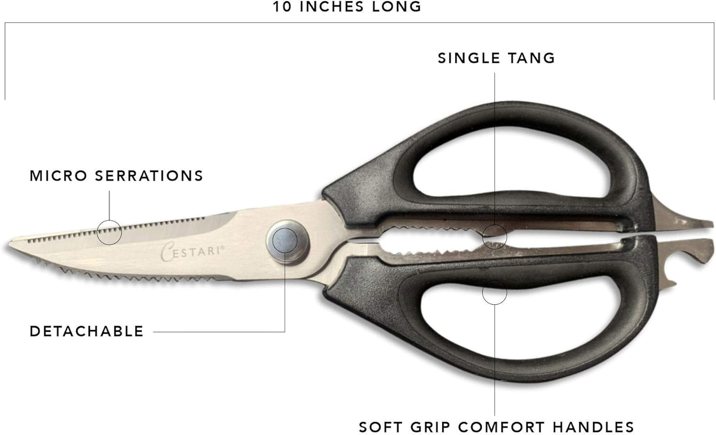 Kitchen Scissors: Heavy Duty Stainless Steel Utility Kitchen Shears for Poultry, Vegetables, Meat, Seafood, Herbs | Multi-Function Cooking Scissors with Large Black Soft Grip Handles by Cestari