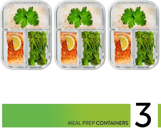 PrepNaturals 3 Pack 34 Oz Glass Meal Prep Containers - Dishwasher Microwave Freezer Oven Safe - Glass Storage Containers with Lids (Multi-Compartment)