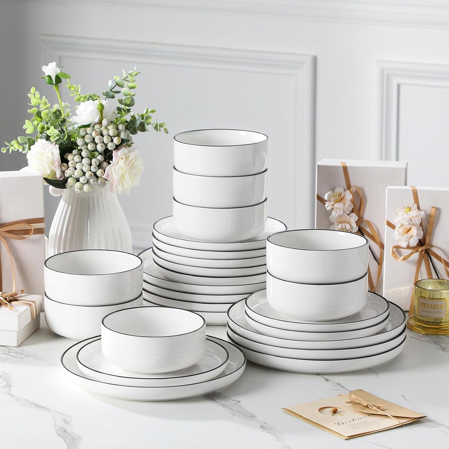 MALACASA Plates and Bowls Sets, 24 Pieces Modern Porcelain Dinnerware Set for 8 White Kitchen Dinner Dining Ware Set wtih Black Rim Ceramic Dishware Dishes Microwave and Dishwasher Safe, Series LUNA