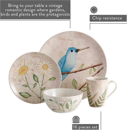 Corona 16–piece Birds Nature Garden Inspired Ceramic Dinnerware Sets | Plates Bowls and Mugs | Service For 4 | Lovely Garden