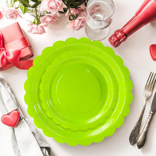 50 Pcs Lime Green Scalloped Paper Plates 25 × 7'' and 25 × 9'' Disposable Lime Green Scalloped Dinner Plates for Wedding Baby Shower Birthday Party Disposable Dessert Plate