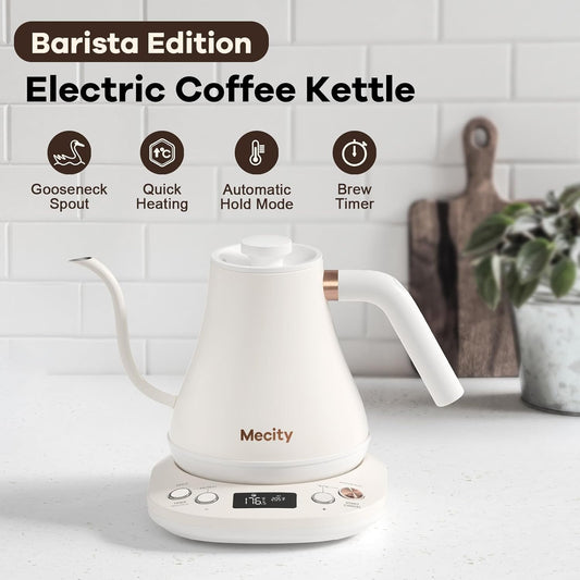 Mecity Electric Gooseneck Kettle With Keep Warm Function & LCD Display Automatic Shut Off Coffee Kettle Temperature Control Pour Over Kettle 1200 Watt, 0.8L, 120V, Off White