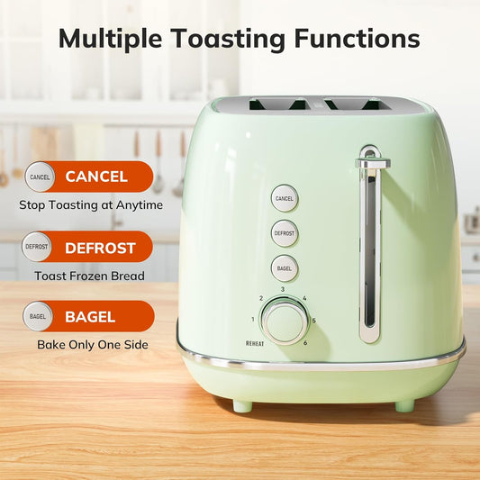 Toaster 2 Slice Stainless Steel Toaster Retro with 6 Bread Shade Settings, Bagel, Cancel, Defrost Function, 2 Slice Toaster with Extra Wide Slot, Removable Crumb Tray