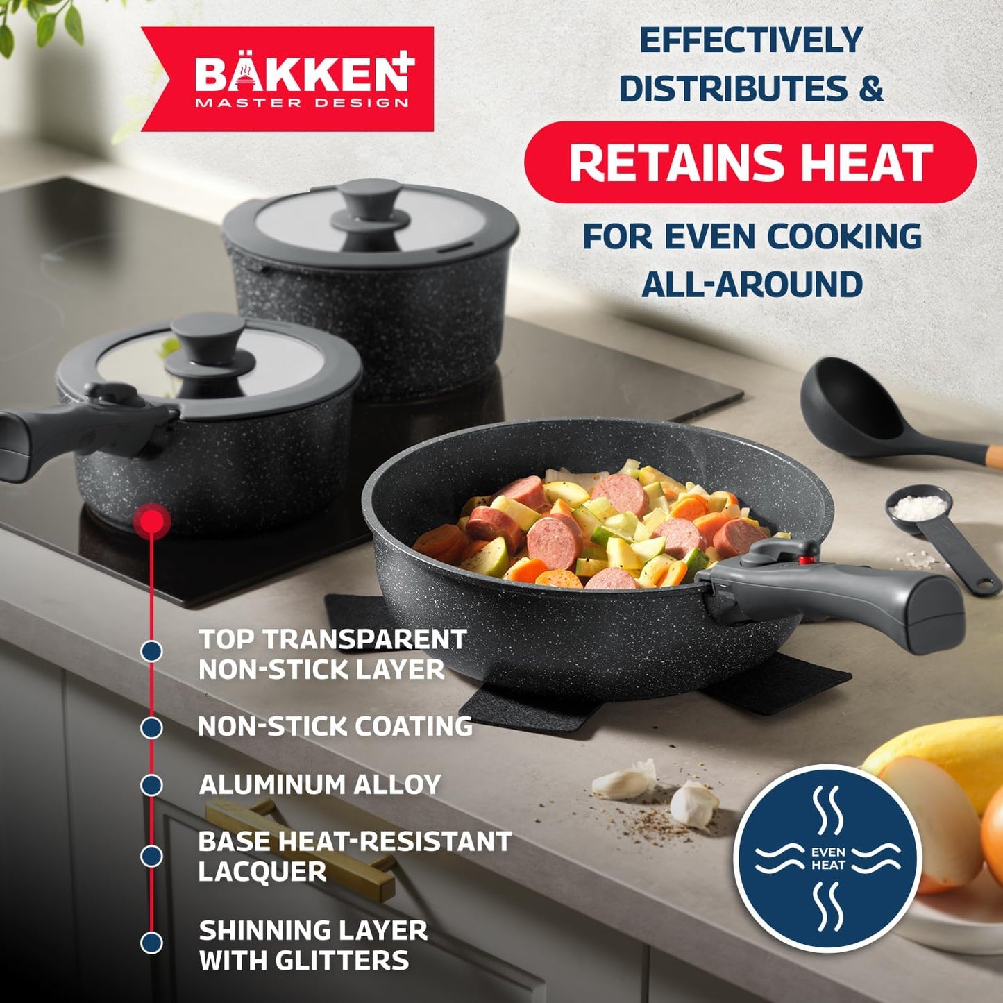 Bakken Master 38 Piece Granite Cookware & Bakeware Set – Nonstick Granite Coating, Pots and Pans with Detachable Handle and Tempered Glass Lids, 6-piece Bakeware set, 12-piece Mixing Bowls,Gray Marble