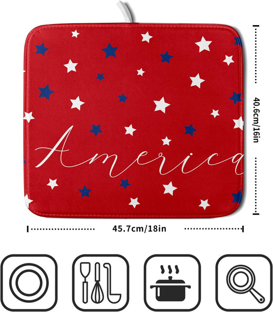 4th of July Dish Drying Mats for Kitchen Counter 16×18 Inch Patriotic Red Small Microfiber Drying Mat Kitchen Accessories Dish Rack Mat Drainer Pad Washable Absorbent