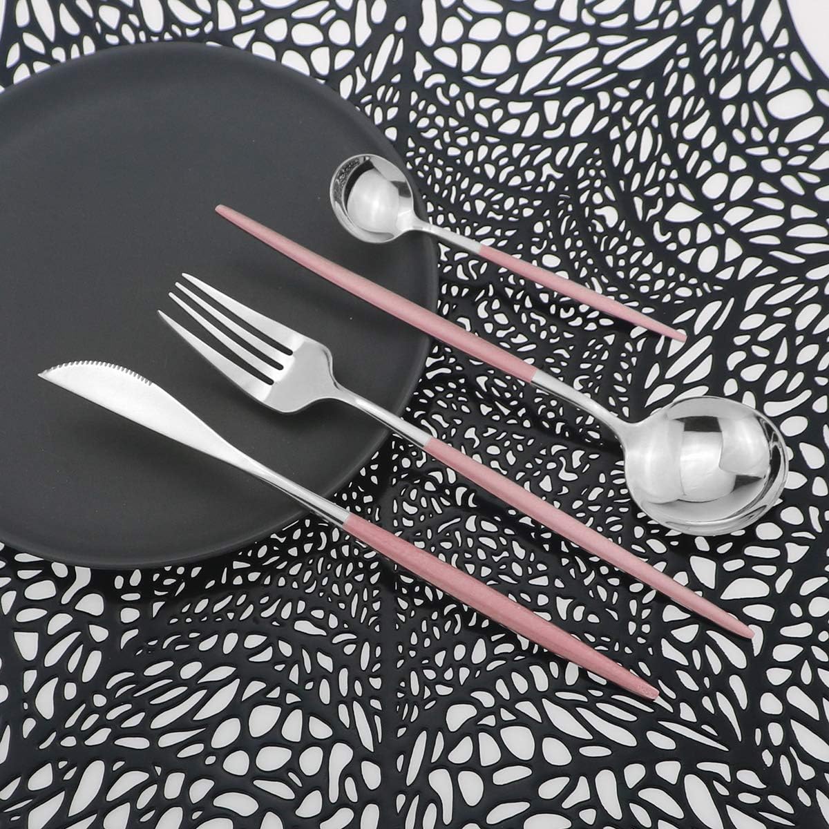 Mirror Silverware Set, 24-Piece Stainless Steel Shiny Flatware, Kitchen Utensil Set, Tableware Cutlery for Home and Restaurant, Dishwasher Safe (Pink Handle)