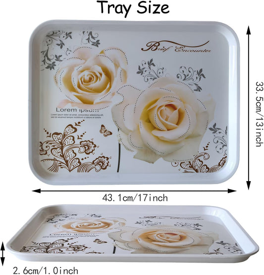 Large Serving Platter Melamine Trays 2 Pack Stackable Food Tray with Floral Print for Gift, Party, Decor, Home, Restaurant (Gold Rose, Large)