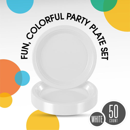 Exquisite Party Solids White Plastic Plates For Party Supplies 10" White Disposable Plates Heavy Duty 50 Pcs Plastic Dinnerware Sets Heavy Duty 350 GSM Disposable Dinnerware Set