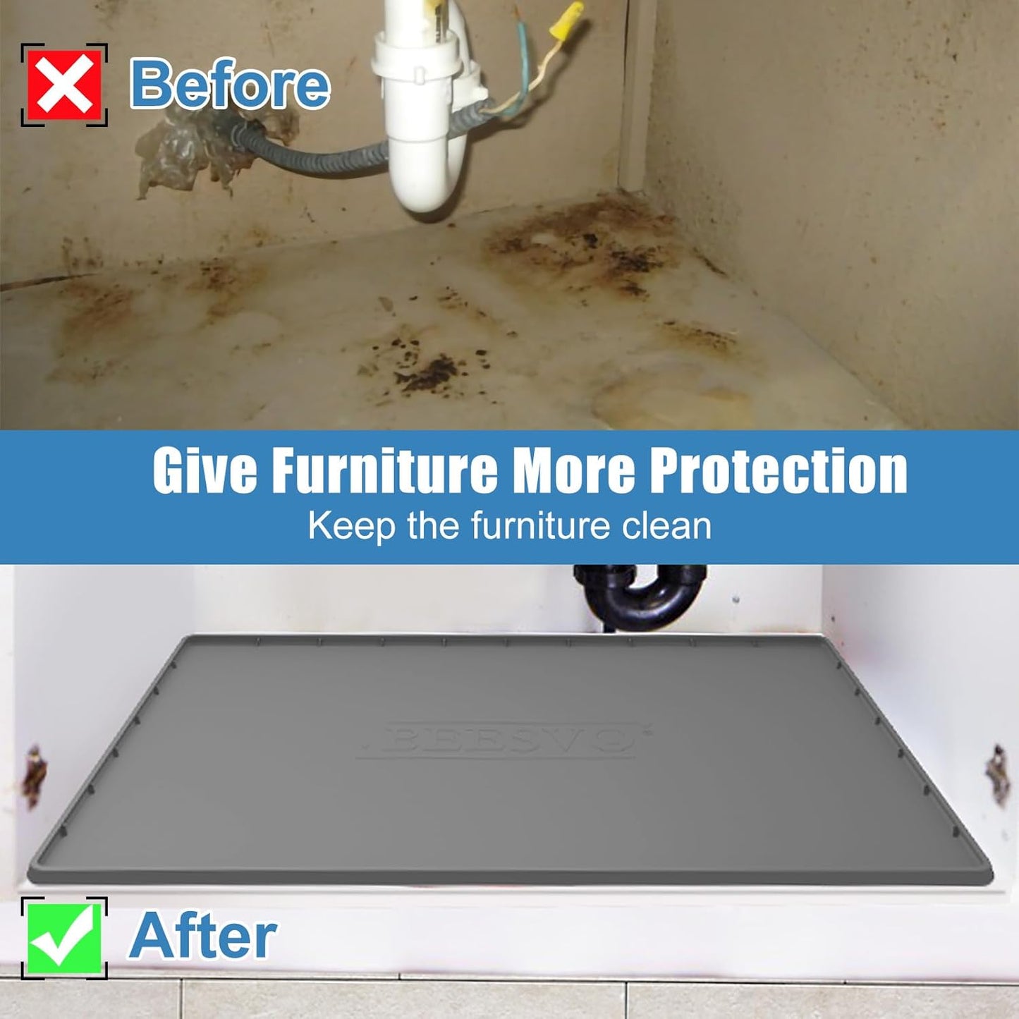 Under Sink Mat for Kitchen Waterproof, 40" x 19" Silicone Under Sink Liner Kitchen & Bathroom Cabinet Protector Mats, Heavy Duty Flexible Under Sink Drip Tray with Lip, Cool Grey