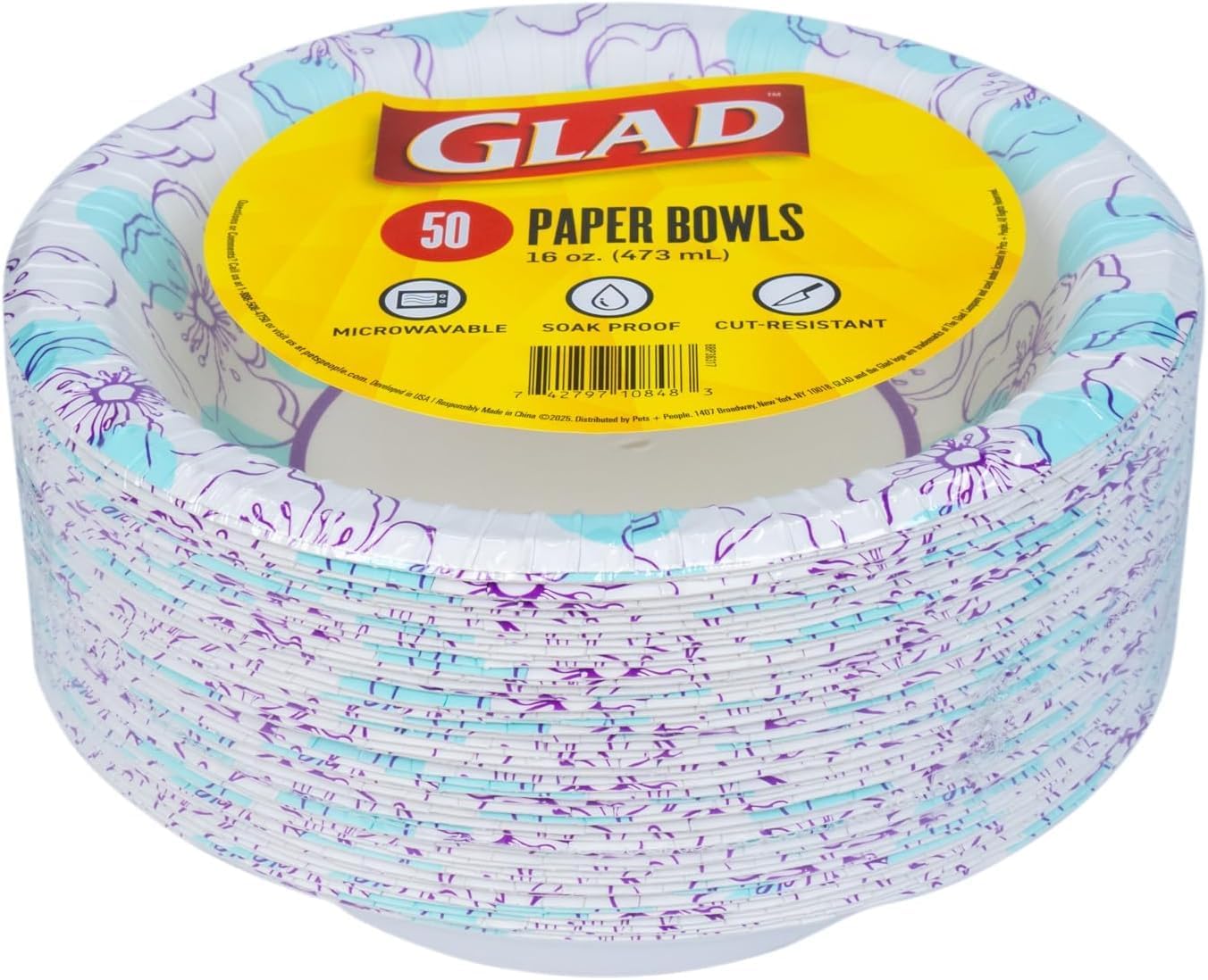 Glad Round Disposable Paper Bowls, Blue Flower Design - Heavy Duty, Soak Proof, Cut-Resistant, Microwavable Bowl for All Foods & Daily Use, 16 Oz, 50 Count - 6 Pack