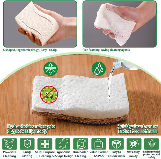 Sponges Kitchen Natural Dish Sponge Plant-Based Biodegradable Compostable Cellulose with Coconut Scrubber Sponge Non Scratch Eco Friendly Kitchen sponges for Kitchen Dishes(Pack of 12)