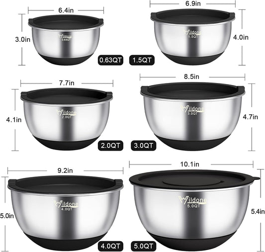 Wildone Mixing Bowls with Airtight Lids, 22 PCS Stainless Steel Nesting Bowls, with 3 Grater Attachments, Scale Marks & Non-Slip Bottom, Size 5, 4, 3, 2,1.5, 0.63QT, Ideal for Mixing & Prepping