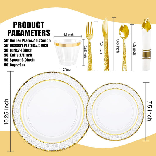 Ciaell 350PCS Clear Plastic Plates with Gold Trim for 50 Guests, Disposable Dinnerware Set for Wedding & Thanksgiving, Includes 100 Plastic Plates, 50 Pre Rolled Napkins with Gold Silverware, 50 Cups
