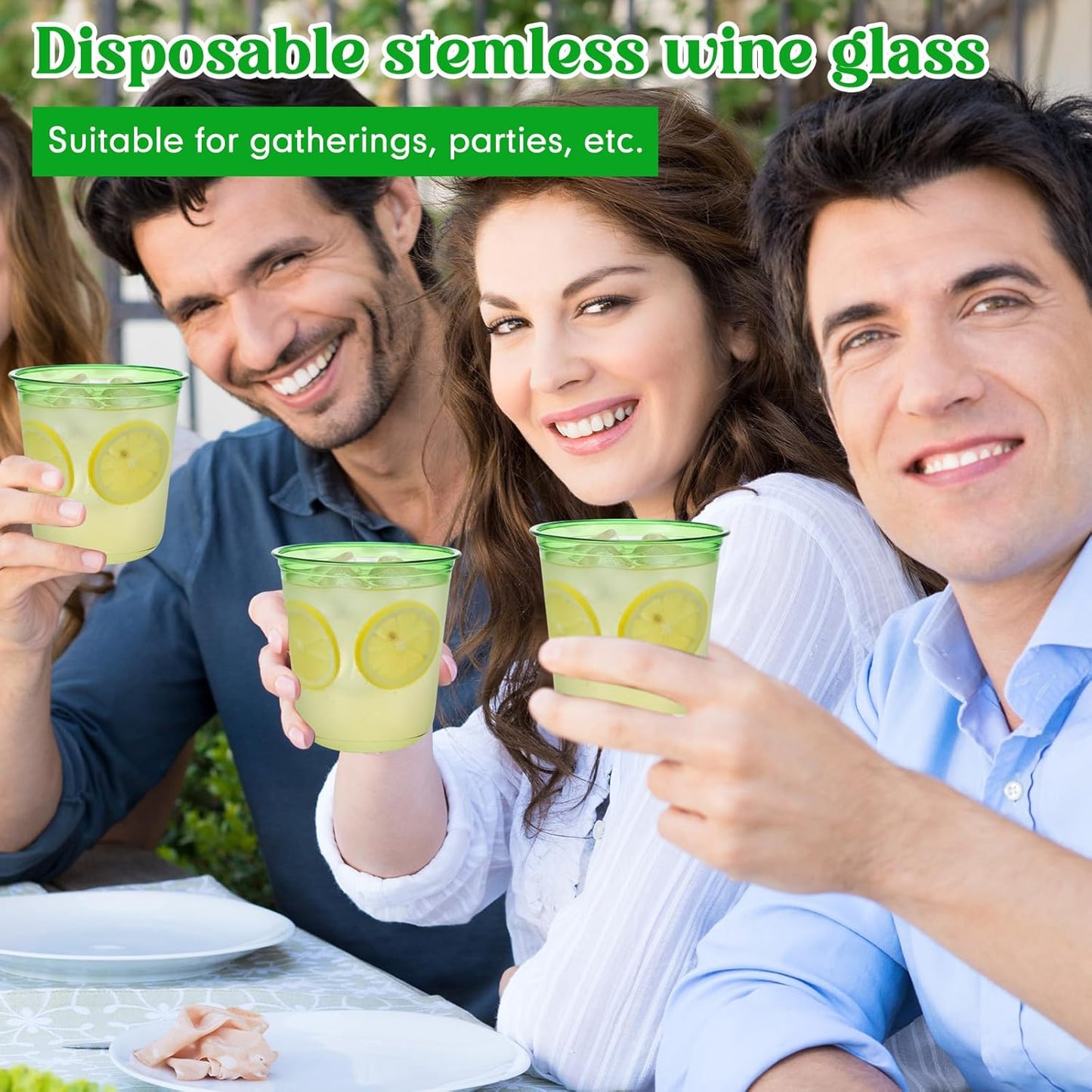 Disposable Stemless Glasses 12oz Crystal Plastic Wine Glasses Clear Classic Pet Cup for Meeting Weddings Birthdays Cocktail Christmas Party Supplies(Green,50 Pcs)