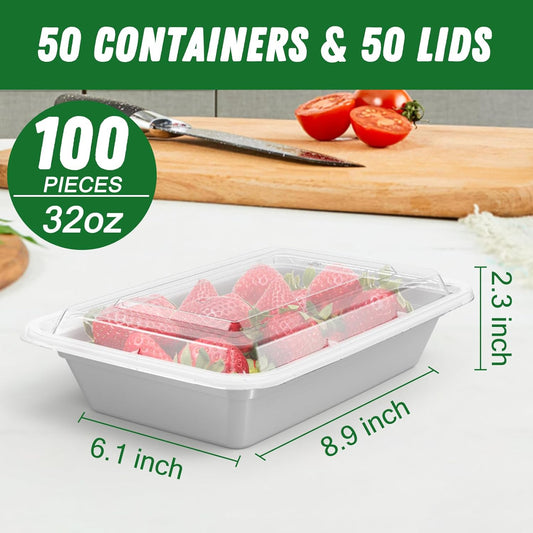 50 Pack (100-Piece) 32 oz Meal Prep Containers Reusable with Easy Open Lids, Sturdy Leakproof Food Safe, Microwave Freezer Dishwasher Safe, To Go Take Out Plastic Food Storage Pans with Lids, Silver