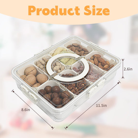 Divided Serving Tray with Lid and Handle,8 Compartments Snacks Box,Snack Fruit and Veggie Tray,Portable Platter for Candy Fruits Nuts Snack Party Entertaining Picnic (1 PCS)