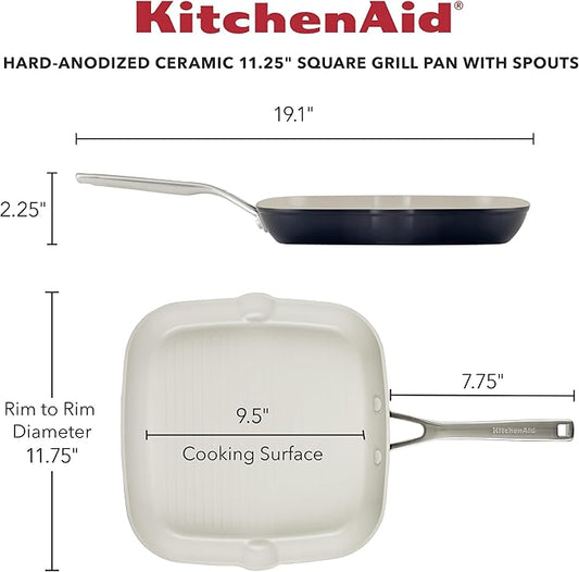 KitchenAid Hard Anodized Ceramic Nonstick Grill Pan/Griddle, Square, 11.25 Inch - Matte Black