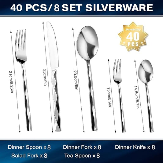 40-Piece Silverware Set, Luxury Silverware Set for 8, Stainless Steel Flatware with Diamond Cut Pattern, Mirror Polished Utensil Sets, Dishwasher Safe