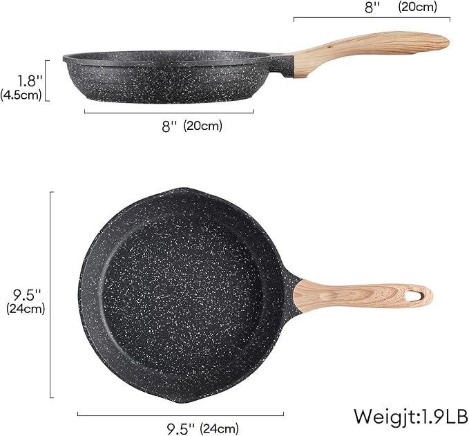 JEETEE 9.5 Inch Nonstick Frying Pan, Stone Coating Cookware, Nonstick Omelette Pan with Heat-Resistant Handle, Induction Skillet for Eggs (Grey)