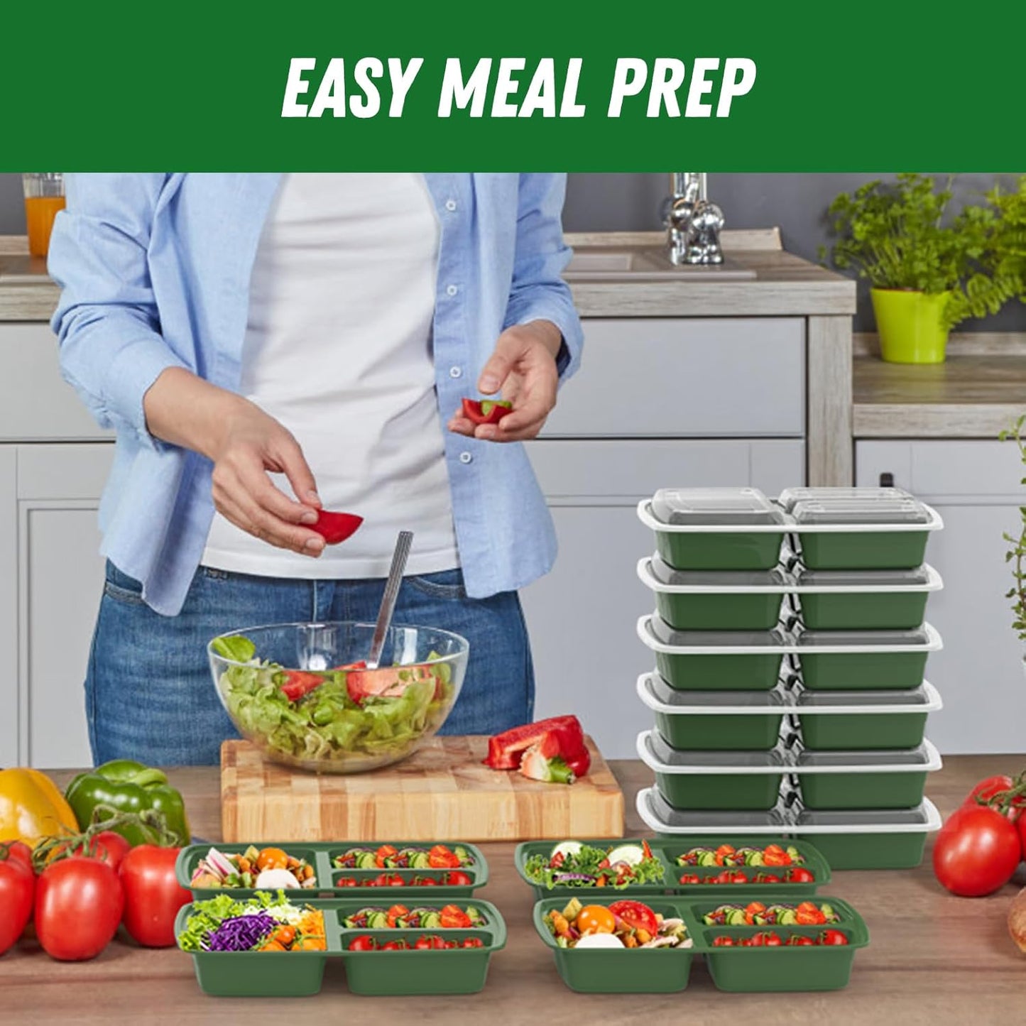 50 Pack (100-Piece) 32 oz Meal Prep Containers Reusable with Lids 3-Compartment, To Go Take Out Plastic Food Storage Containers, Sturdy Leakproof Food Safe, Microwave Freezer Dishwasher Safe, Green