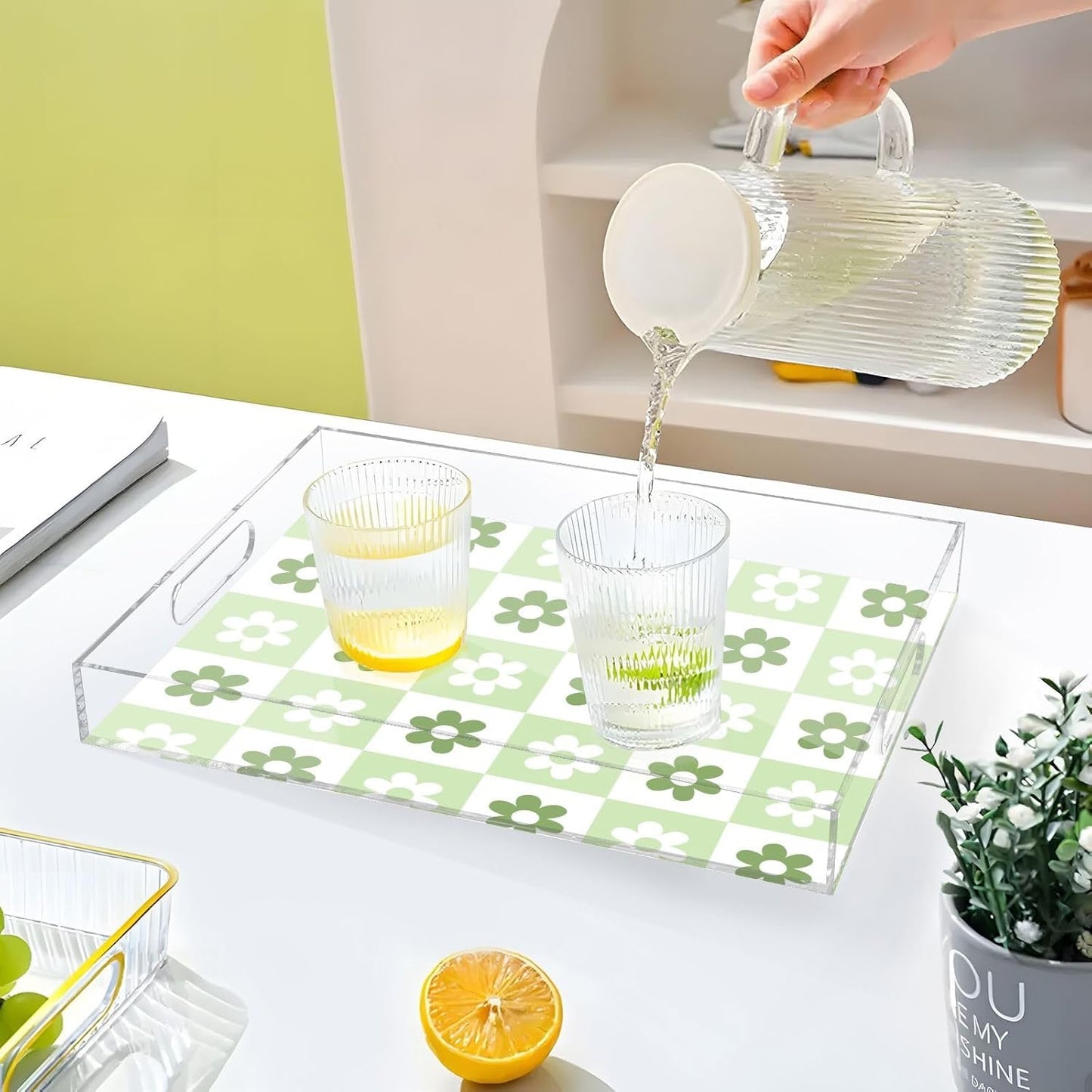 Acrylic Serving Tray with Handles Spill Proof Kitchen Storage Tray Clear Decorative Tray Makeup Drawer Organizer Storage Tray for Bathroom Living Room Ottoman 15.7x11.8Inches
